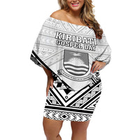 Personalised Kiribati Gospel Day Off Shoulder Short Dress Coat Of Arms Polynesian Pattern LT05 Women White - Polynesian Pride