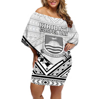 Personalised Kiribati Gospel Day Off Shoulder Short Dress Coat Of Arms Polynesian Pattern LT05 Women White - Polynesian Pride