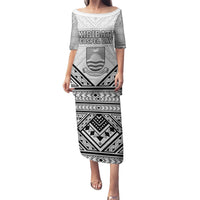 Personalised Kiribati Gospel Day Puletasi Coat Of Arms Polynesian Pattern LT05 Long Dress White - Polynesian Pride