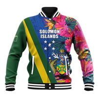 Solomon Islands Independence Day Baseball Jacket Coat Of Arms With Tropical Flowers
