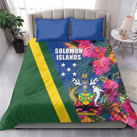 Solomon Islands Independence Day Bedding Set Coat Of Arms With Tropical Flowers
