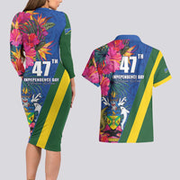 Solomon Islands Independence Day Couples Matching Long Sleeve Bodycon Dress and Hawaiian Shirt Coat Of Arms With Tropical Flowers