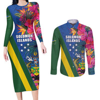 Solomon Islands Independence Day Couples Matching Long Sleeve Bodycon Dress and Long Sleeve Button Shirt Coat Of Arms With Tropical Flowers