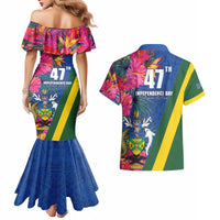 Solomon Islands Independence Day Couples Matching Mermaid Dress and Hawaiian Shirt Coat Of Arms With Tropical Flowers