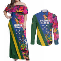 Solomon Islands Independence Day Couples Matching Off Shoulder Maxi Dress and Long Sleeve Button Shirt Coat Of Arms With Tropical Flowers