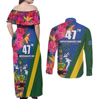 Solomon Islands Independence Day Couples Matching Off Shoulder Maxi Dress and Long Sleeve Button Shirt Coat Of Arms With Tropical Flowers