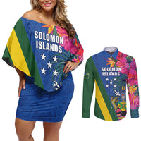 Solomon Islands Independence Day Couples Matching Off Shoulder Short Dress and Long Sleeve Button Shirt Coat Of Arms With Tropical Flowers