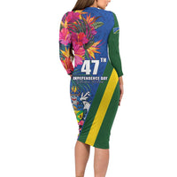 Solomon Islands Independence Day Family Matching Long Sleeve Bodycon Dress and Hawaiian Shirt Coat Of Arms With Tropical Flowers