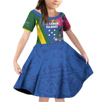 Solomon Islands Independence Day Family Matching Off Shoulder Short Dress and Hawaiian Shirt Coat Of Arms With Tropical Flowers