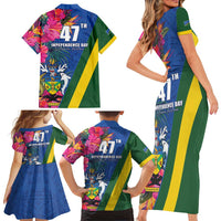 Solomon Islands Independence Day Family Matching Short Sleeve Bodycon Dress and Hawaiian Shirt Coat Of Arms With Tropical Flowers