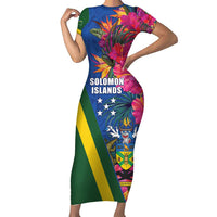 Solomon Islands Independence Day Family Matching Short Sleeve Bodycon Dress and Hawaiian Shirt Coat Of Arms With Tropical Flowers
