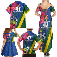 Solomon Islands Independence Day Family Matching Summer Maxi Dress and Hawaiian Shirt Coat Of Arms With Tropical Flowers