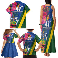 Solomon Islands Independence Day Family Matching Tank Maxi Dress and Hawaiian Shirt Coat Of Arms With Tropical Flowers