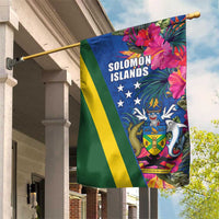 Solomon Islands Independence Day Garden Flag Coat Of Arms With Tropical Flowers