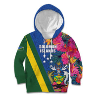 Solomon Islands Independence Day Kid Hoodie Coat Of Arms With Tropical Flowers
