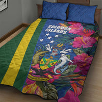 Solomon Islands Independence Day Quilt Bed Set Coat Of Arms With Tropical Flowers