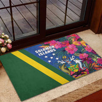 Solomon Islands Independence Day Rubber Doormat Coat Of Arms With Tropical Flowers