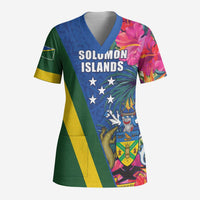 Solomon Islands Independence Day Scrub Top Coat Of Arms With Tropical Flowers - Polynesian Pride