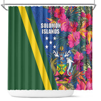 Solomon Islands Independence Day Shower Curtain Coat Of Arms With Tropical Flowers