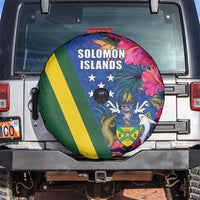 Solomon Islands Independence Day Spare Tire Cover Coat Of Arms With Tropical Flowers