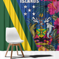 Solomon Islands Independence Day Window Curtain Coat Of Arms With Tropical Flowers