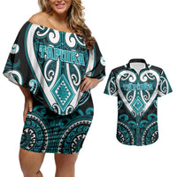 Custom Aotearoa Tapuika Couples Matching Off Shoulder Short Dress and Hawaiian Shirt Maori Tribal Pattern LT05 Teal - Polynesian Pride