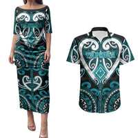 Custom Aotearoa Tapuika Couples Matching Puletasi and Hawaiian Shirt Maori Tribal Pattern LT05 Teal - Polynesian Pride