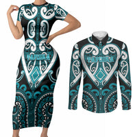 Custom Aotearoa Tapuika Couples Matching Short Sleeve Bodycon Dress and Long Sleeve Button Shirt Maori Tribal Pattern LT05 Teal - Polynesian Pride