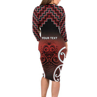 Personalised Aotearoa Mana Motuhake Long Sleeve Bodycon Dress Poutama With Maori Pattern - Polynesian Pride