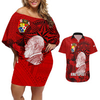 Tonga King Tupou I Day Couples Matching Off Shoulder Short Dress and Hawaiian Shirt Tropical Flowers With Ngatu Pattern LT05 Red - Polynesian Pride