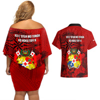 Tonga King Tupou I Day Couples Matching Off Shoulder Short Dress and Hawaiian Shirt Tropical Flowers With Ngatu Pattern LT05 - Polynesian Pride