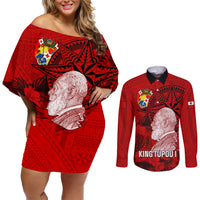 Tonga King Tupou I Day Couples Matching Off Shoulder Short Dress and Long Sleeve Button Shirts Tropical Flowers With Ngatu Pattern LT05 Red - Polynesian Pride