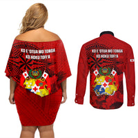 Tonga King Tupou I Day Couples Matching Off Shoulder Short Dress and Long Sleeve Button Shirts Tropical Flowers With Ngatu Pattern LT05 - Polynesian Pride