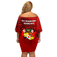 Tonga King Tupou I Day Off Shoulder Short Dress Tropical Flowers With Ngatu Pattern LT05 - Polynesian Pride