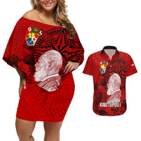 Personalized Tonga King Tupou I Day Couples Matching Off Shoulder Short Dress and Hawaiian Shirt Tropical Flowers With Ngatu Pattern LT05 Red - Polynesian Pride