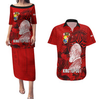 Personalized Tonga King Tupou I Day Couples Matching Puletasi Dress and Hawaiian Shirt Tropical Flowers With Ngatu Pattern LT05 Red - Polynesian Pride