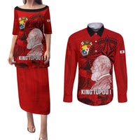 Personalized Tonga King Tupou I Day Couples Matching Puletasi Dress and Long Sleeve Button Shirts Tropical Flowers With Ngatu Pattern LT05 Red - Polynesian Pride