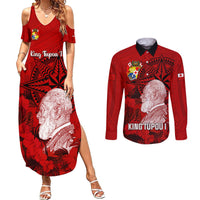 Personalized Tonga King Tupou I Day Couples Matching Summer Maxi Dress and Long Sleeve Button Shirts Tropical Flowers With Ngatu Pattern LT05 Red - Polynesian Pride