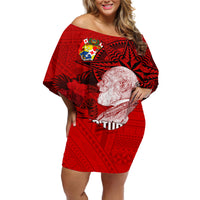 Personalized Tonga King Tupou I Day Off Shoulder Short Dress Tropical Flowers With Ngatu Pattern LT05 Women Red - Polynesian Pride