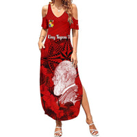 Personalized Tonga King Tupou I Day Summer Maxi Dress Tropical Flowers With Ngatu Pattern LT05 Women Red - Polynesian Pride