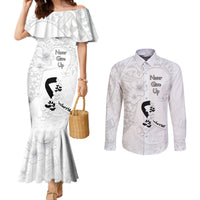 Lung Cancer Awareness Couples Matching Mermaid Dress and Long Sleeve Button Shirt Never Give Up Polynesian Style LT05 White - Polynesian Pride