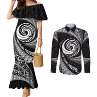Personalised New Zealand Bungy Jumping Couples Matching Mermaid Dress and Long Sleeve Button Shirt Maori Pattern LT05 Black - Polynesian Pride