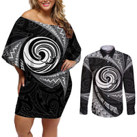 Personalised New Zealand Bungy Jumping Couples Matching Off Shoulder Short Dress and Long Sleeve Button Shirt Maori Pattern LT05 Black - Polynesian Pride
