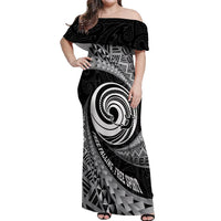 Personalised New Zealand Bungy Jumping Off Shoulder Maxi Dress Maori Pattern LT05 Women Black - Polynesian Pride