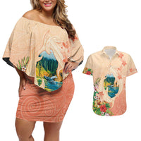 Hawaii Kauai Na Pali Coast Landscape Couples Matching Off Shoulder Short Dress and Hawaiian Shirt LT05 Peach - Polynesian Pride