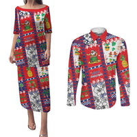 Wallis And Futuna Christmas Couples Matching Puletasi and Long Sleeve Button Shirt Festive Beach Vibes LT05 Red - Polynesian Pride