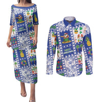 Northern Mariana Islands Christmas Couples Matching Puletasi and Long Sleeve Button Shirt Festive Beach Vibes LT05 Blue - Polynesian Pride