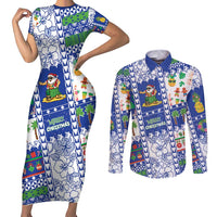 Northern Mariana Islands Christmas Couples Matching Short Sleeve Bodycon Dress and Long Sleeve Button Shirt Festive Beach Vibes LT05 Blue - Polynesian Pride