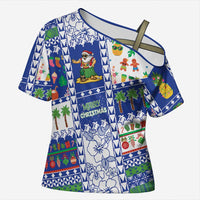 Northern Mariana Islands Christmas Cross Shoulder Shirt Festive Beach Vibes LT05 Female Blue - Polynesian Pride