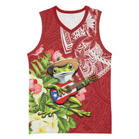 Puerto Rico Coqui Frog Basketball Jersey Tropical Flowers Polynesian Style LT05 Unisex Red - Polynesian Pride